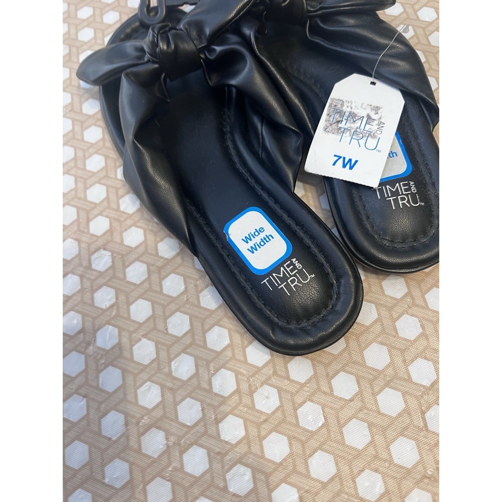 Black Sandal Flat Slides Faux Leather‎ Bow Thong Memory Foam Cushion Size 7W - Picture 5 of 6